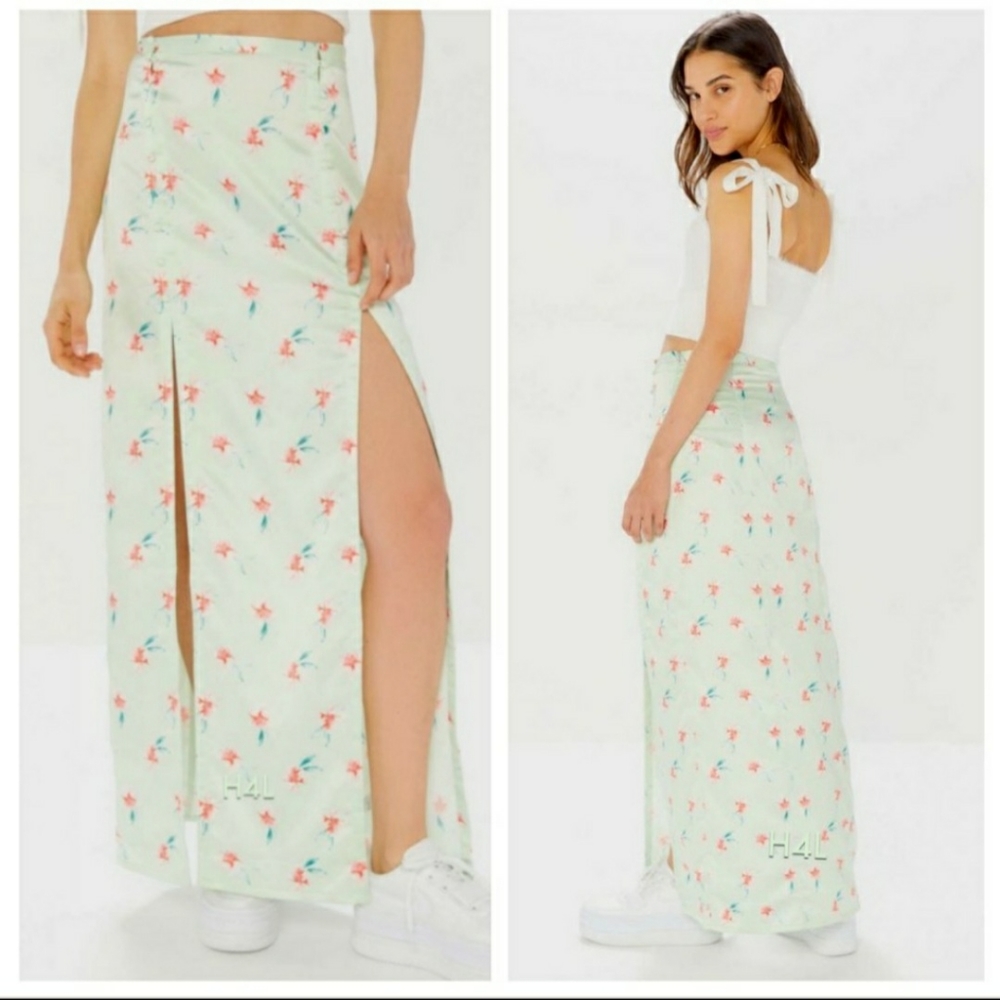 Urban Outfitters Mint Floral Maxi Skirt with Side Slit